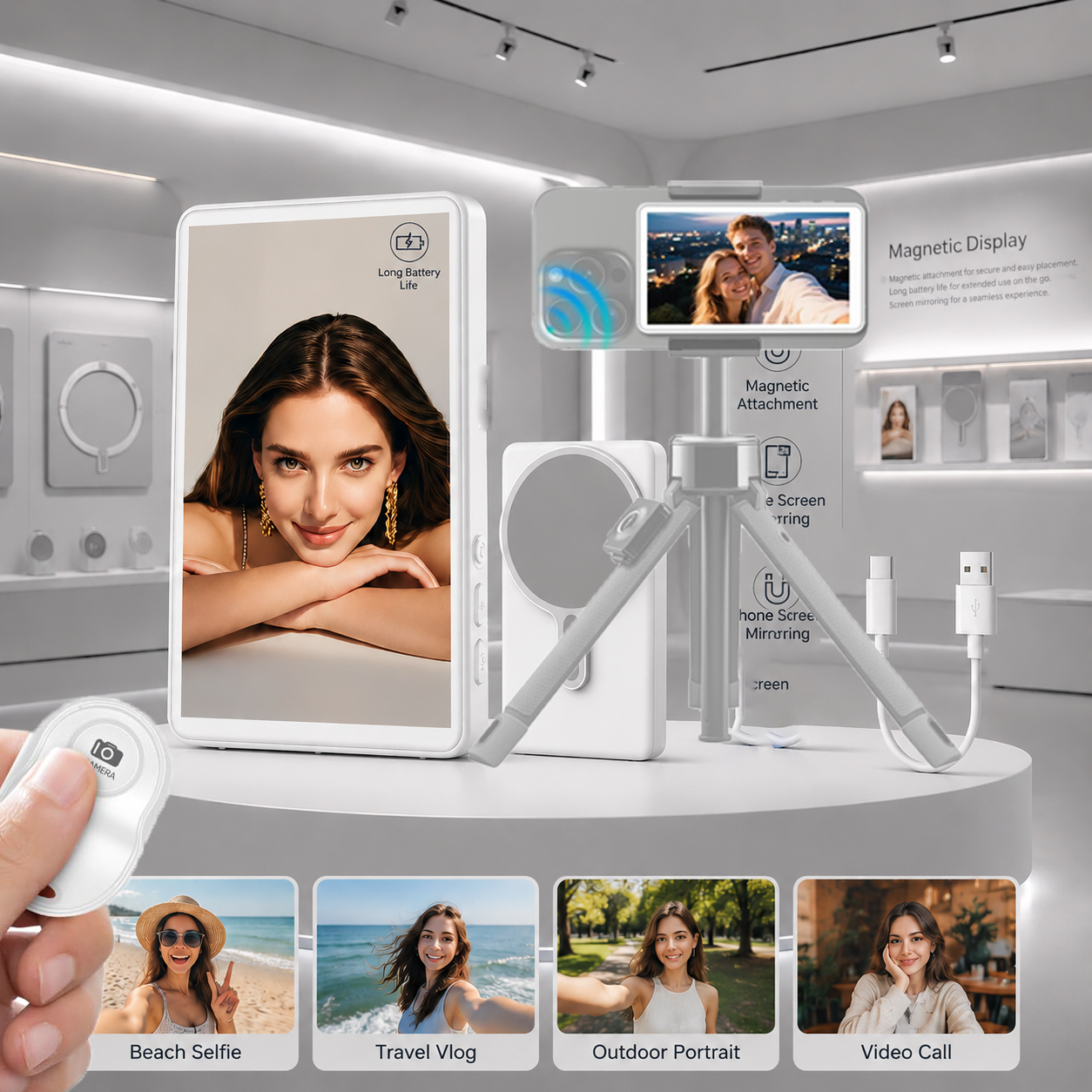 Photography Lighting Set - หน้าจอแสดงผลสำหรับเซลฟี่แบบไร้สาย พร้อมที่ยึดแม่เหล็กสำหรับกล้องหลังโทรศัพท์ รองรับการเชื่อมต่อ WiFi และ Bluetooth