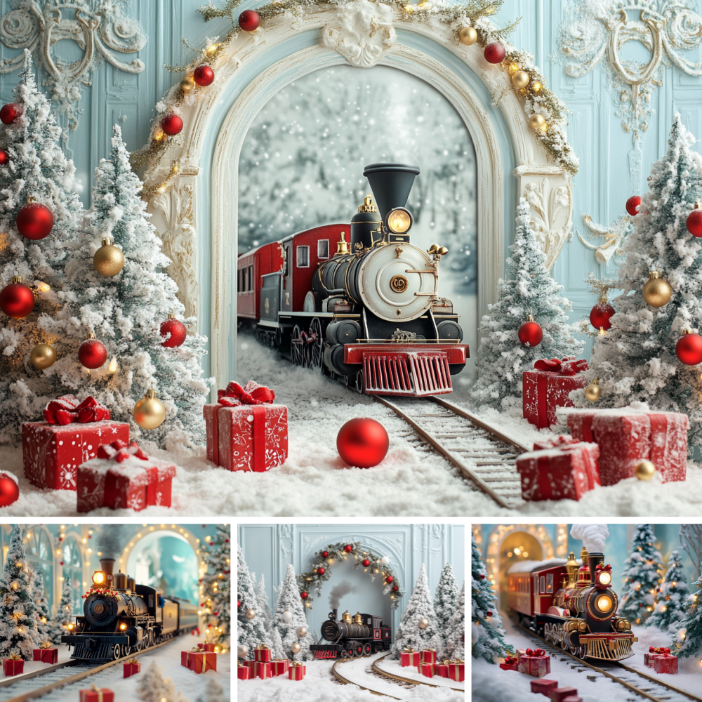 Vintage Photography Lighting - ฉากหลังรถไฟวินเทจสำหรับคริสต์มาส ซุ้มโค้งสีฟ้าอ่อน รถไฟไอน้ำที่ปกคลุมด้วยหิมะ ต้นสน ลูกบอลสีแดง กล่องของขวัญ
