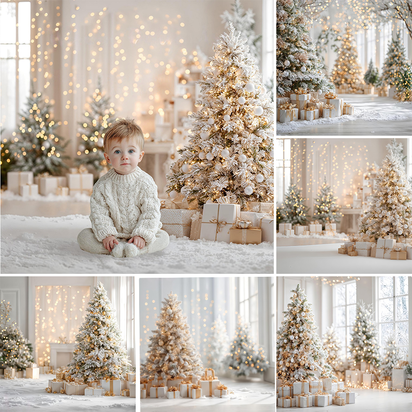 Photography Lighting White Background - ฉากหลังถ่ายภาพ คริสต์มาสสีขาว ไฟโบเก้ ต้นไม้ที่มีหิมะ กลิตเตอร์ คริสต์มาส
