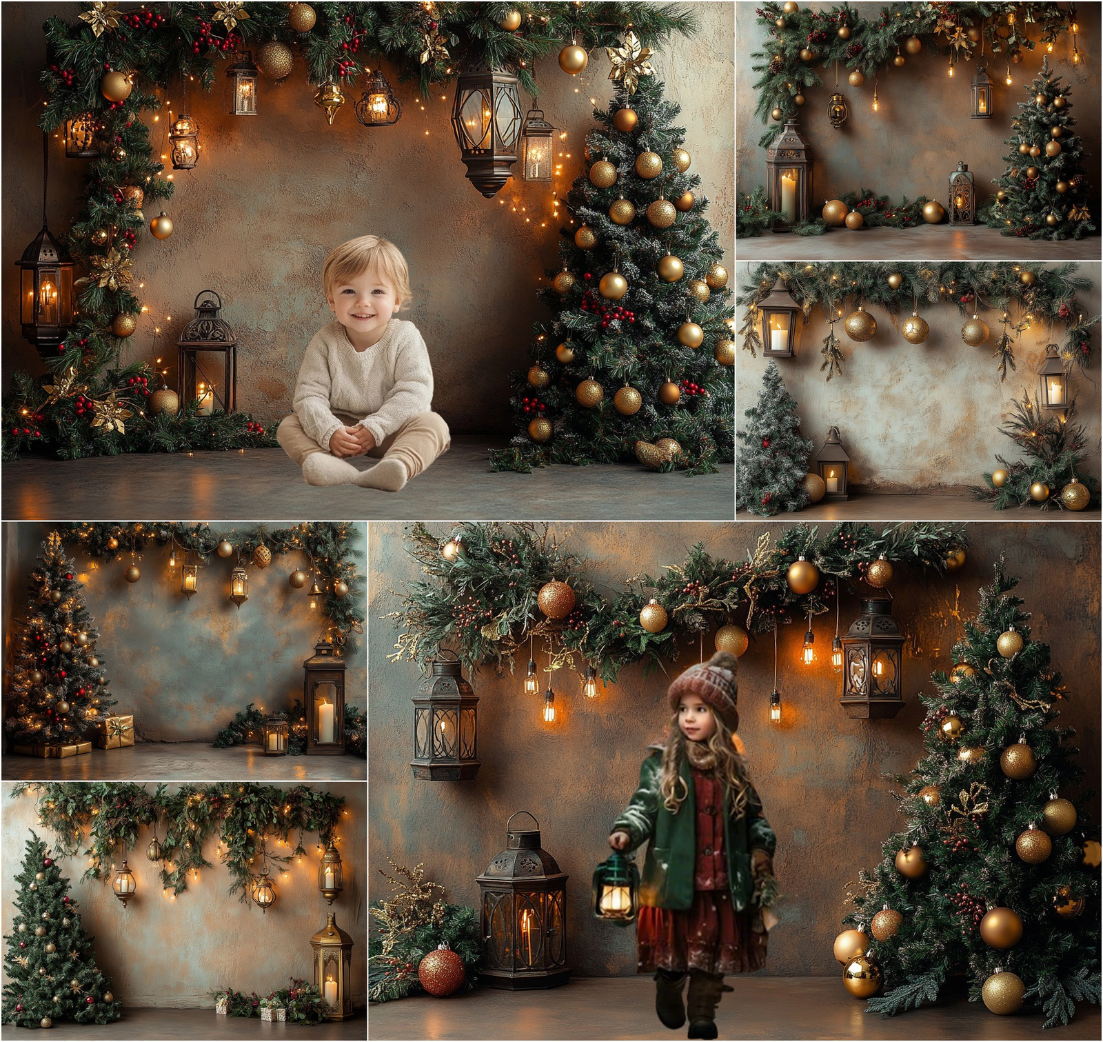 Vintage Photography Lighting - ฉากหลังถ่ายภาพคริสต์มาสสไตล์วินเทจ ผนังต้นคริสต์มาส ไฟประดับ สำหรับเด็ก ครอบครัว ถ่ายรูปในวันหยุด