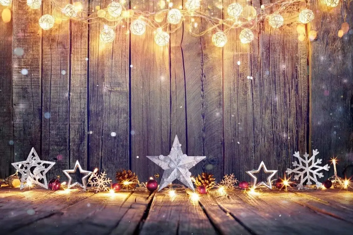 Vintage Photography Lighting - ฉากหลังคริสต์มาส โต๊ะไม้สไตล์วินเทจ ดาวและไฟ ตกแต่งงานปีใหม่ ฉากถ่ายภาพ ฉากหลังสำหรับสตูดิโอ