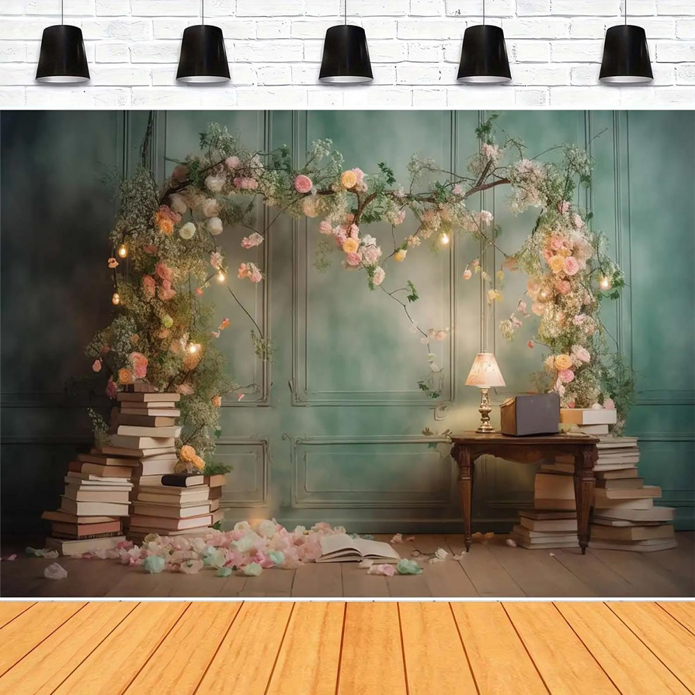 Lighting In Photography Book - ฉากหลังถ่ายภาพงานศิลปะลายดอกไม้สีเขียวพร้อมหลอดไฟพื้นหลังลายดอกไม้สีชมพูสำหรับงานปาร์ตี้รับปริญญาเด็ก
