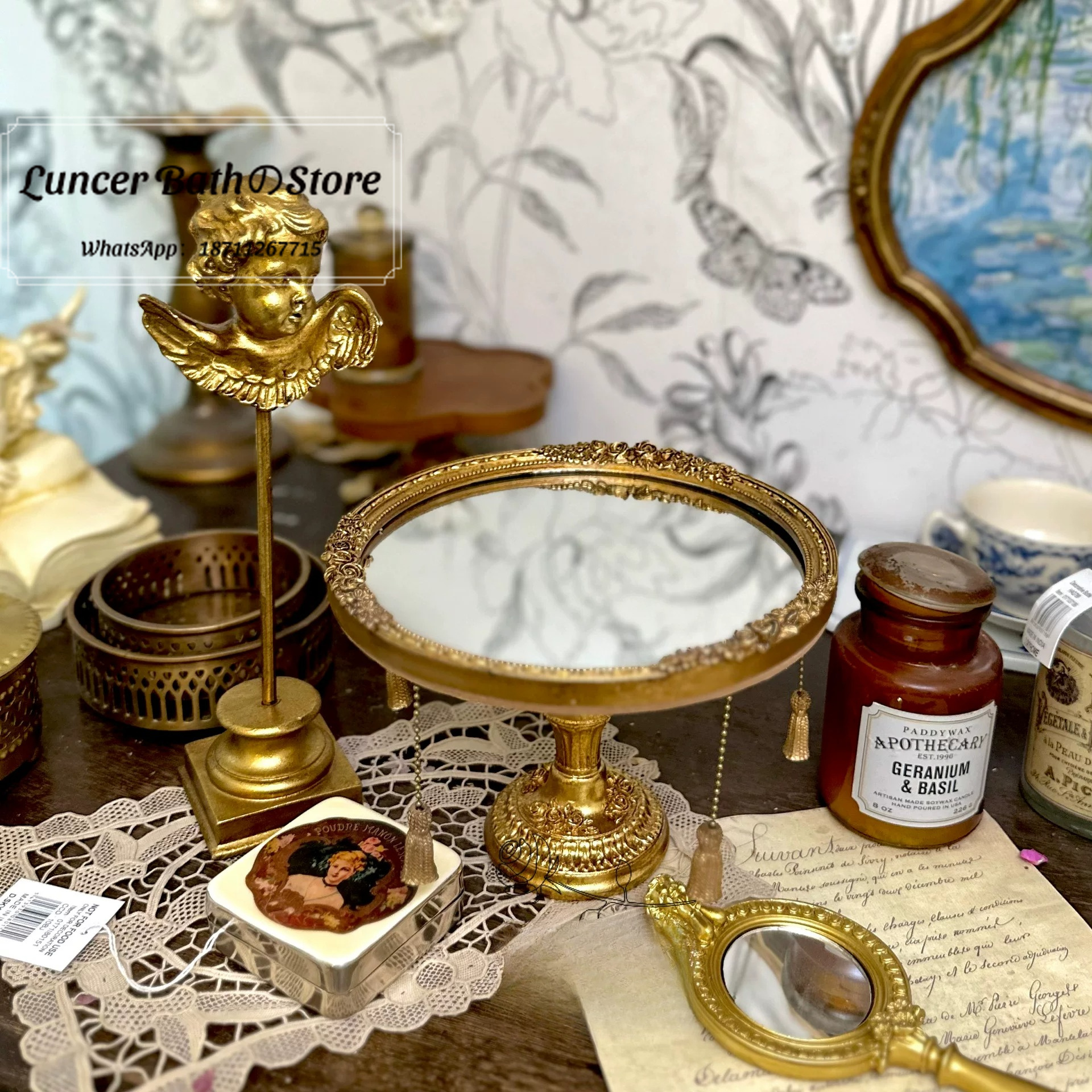 Vintage Photography Lighting - ถาดกระจกสไตล์วินเทจแบบคอร์ท, จานตกแต่งสไตล์นอร์ดิกหรูหราสำหรับการถ่ายภาพ, กระจกโบราณสไตล์ยุโรปสำหรับใช้เป็นพร็อพ
