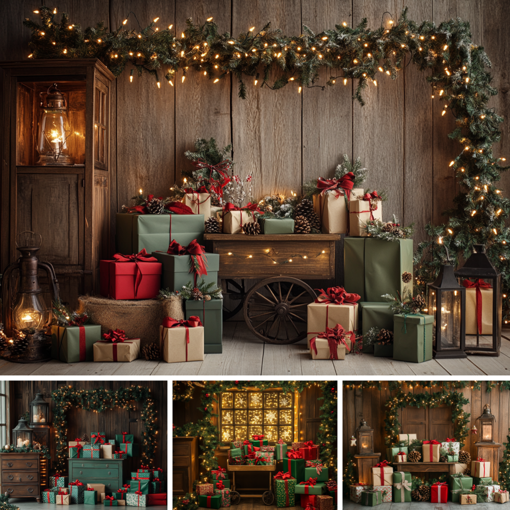 Vintage Photography Lighting - ฉากหลังคริสต์มาสไม้สีน้ำตาลแบบชนบท ประดับพวงสน ไฟประดับโทนอุ่น โคมไฟวินเทจ รถเข็นไม้ กล่องของขวัญ
